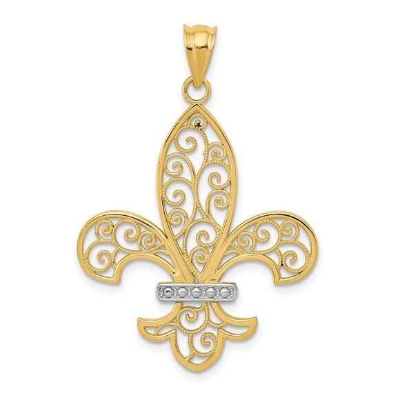 14k Yellow Gold Rhodium Filigree Fleur de Lis Pendant